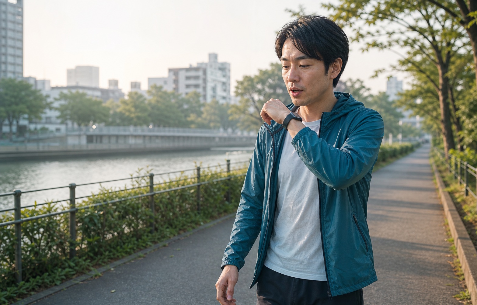 朝の散歩中、Apple Watchに向かって思いついたことを音声入力する人物